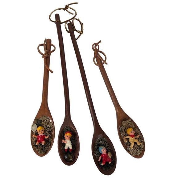 6 Vintage Wooden Decorative Spoons Kitschy Sports Children Hanging Unique - Picture 1 of 9
